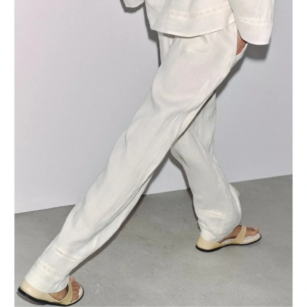 Zara 100% linen drawstring pants ladder stitch - Picture 4 of 10